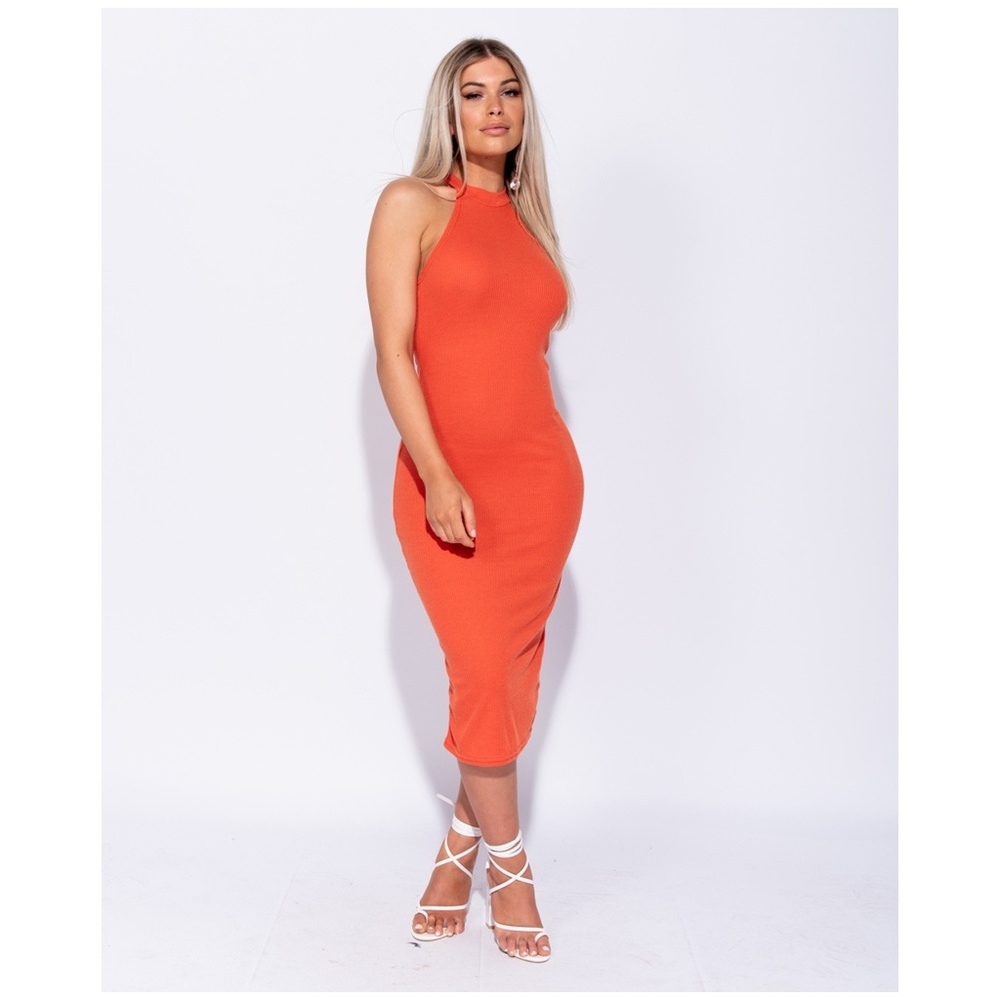 *SOLD OUT* Orange High Neck Midi Bodycon Dress - Picture 4 of 7